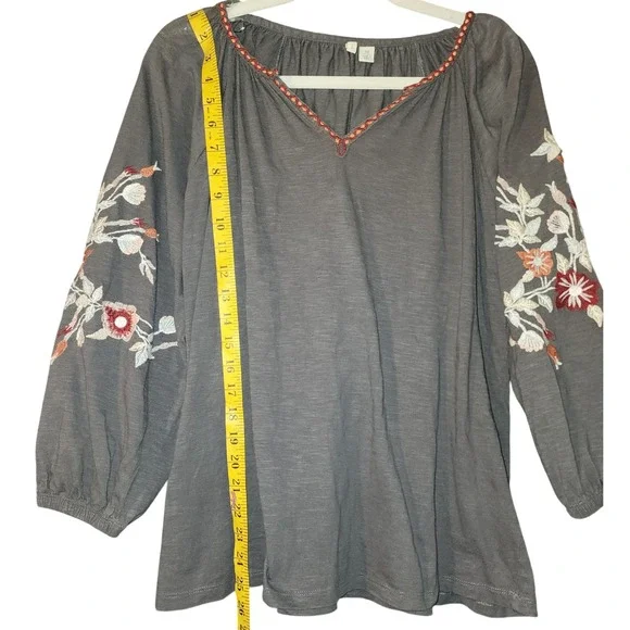 Cato Gray Floral Embroidered Long Sleeve Peasant Top Cotton V-Neck Blouse M - Picture 8 of 8